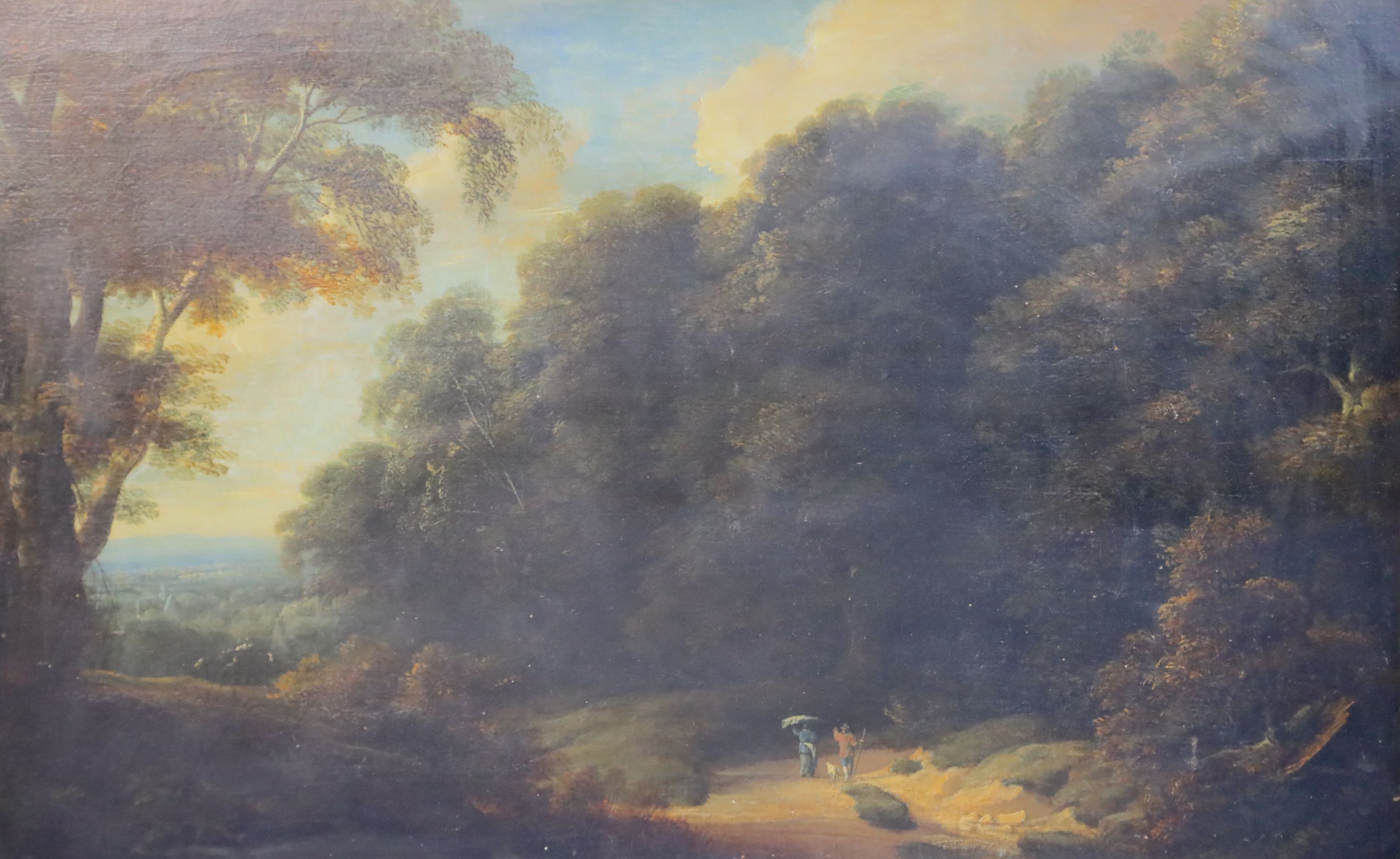 Early 19th century English School Travellers in a wooded landscape 19 x 29.25in.